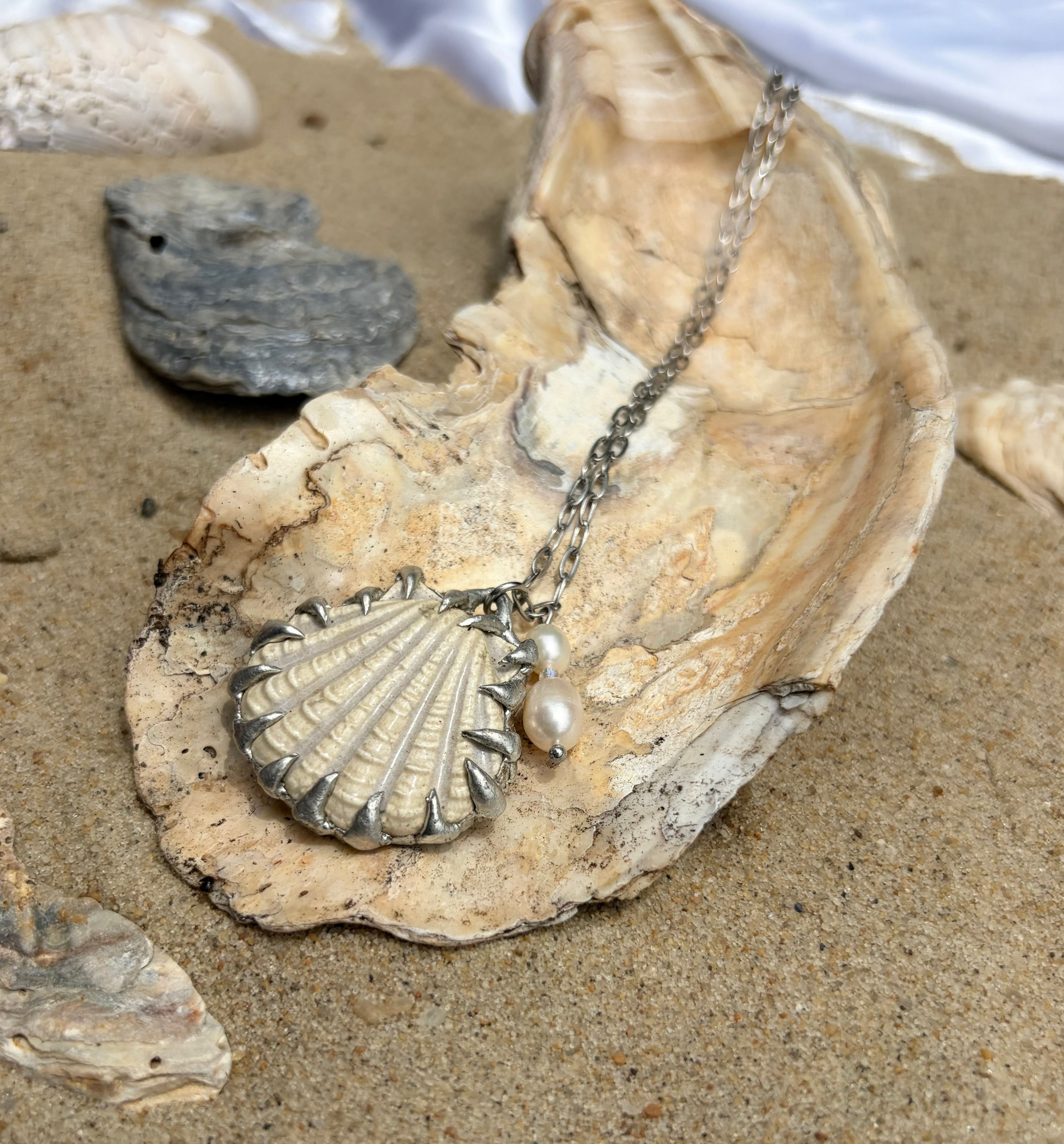 Ceramic Shell Necklace with Pearls